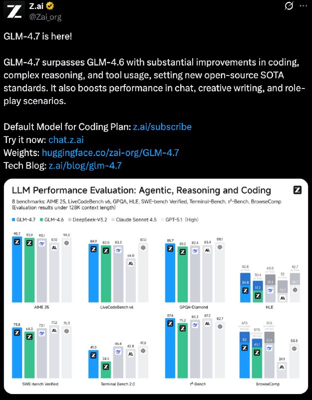 🐧 智谱发布新一代旗舰 AI 模型 GLM-4.7：编程 SOTA，上线即开源📝 摘要：中国智谱AI发布开源模型GLM-4.7，一举刷新编程领域SOTA基准