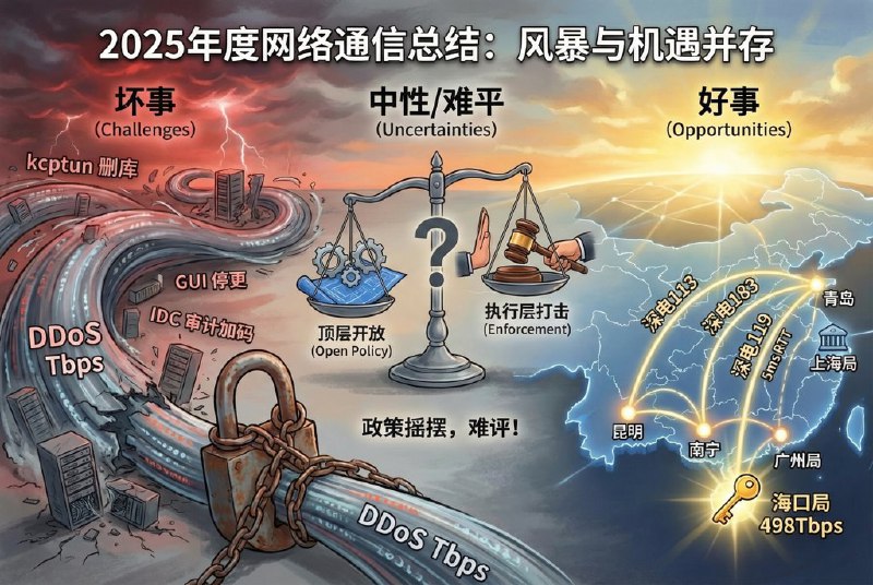 机场代理圈的年度总结及展望 2025🔴 坏事：➊ DDoS 态势恶化，Tbps 级别攻击日渐常态化，防御成本的增速远超带宽成本，中转服务商、小型落地商、各机场主的生存空间被进一步挤压，连带消费者硬吃跑路风险